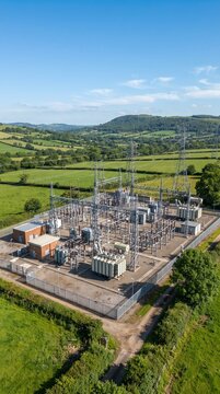 High Voltage Electrical Substation in Green Countryside with Power Transmission Towers