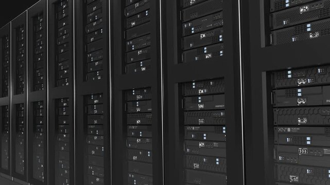 Server rack rows in futuristic datacenter room with cloud computing infrastructure and database storage system