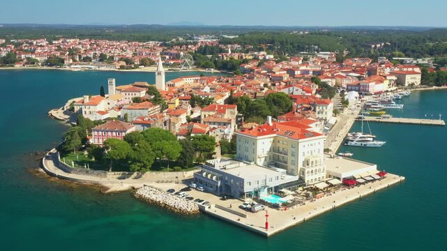 Panorama of coastal town of Porec in Istria, Adriatic sea in Croatia, with harbor and promenade