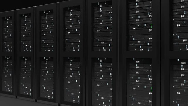 Server rack rows in futuristic datacenter room with cloud computing infrastructure and database storage system