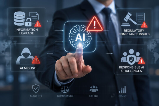 Businessman tapping AI warning icon on virtual interface highlighting information leakage regulatory compliance issues AI misuse and responsible AI challenges for governance