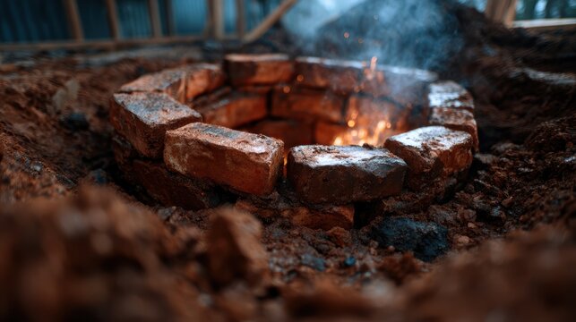 A rustic fire pit surrounded by earthy textures and stones evokes feelings of warmth, gathering, and the simplicity of nature, perfect for outdoor gatherings with loved ones.