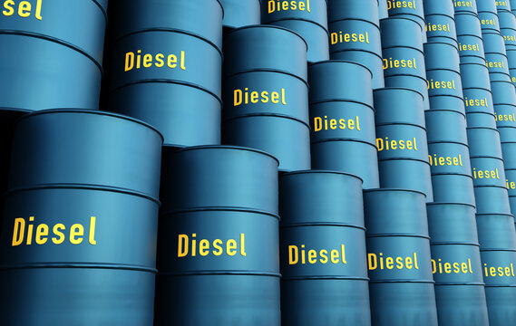 Staked blue diesel barrels, fuel, commodity, energy, oil and gas industry. Refinery, energy crisis, fuel and power generation, oil production.