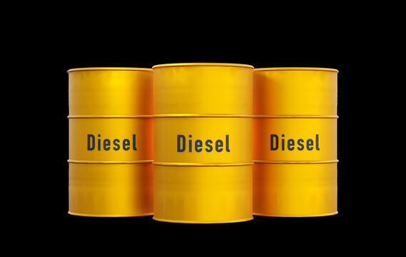 Three yellowdiesel barrels, fuel, commodity, energy, oil and gas industry. Refinery, energy crisis, fuel and power generation, oil production.