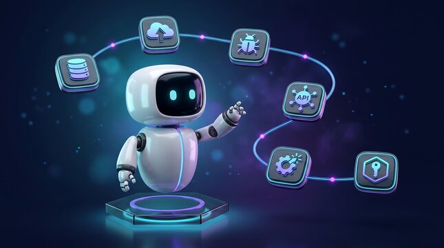 Friendly robot character touching holographic API and database icons in 3D render representing cloud integration and software development workflow on dark background for tech concepts