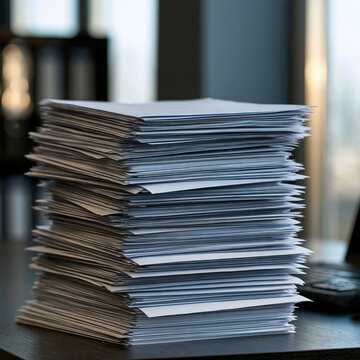 Elegant photo of A large stack of white documents sits on a modern office desk. Symbolizes excessive bureaucracy and heavy administrative workload for corporate projects.