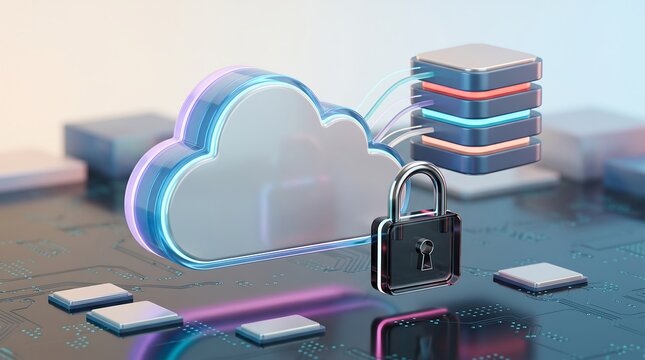 Padlock icon protecting glowing cloud storage symbol on integrated circuit board in 3D render representing cloud security and encrypted data protection in digital computing environments