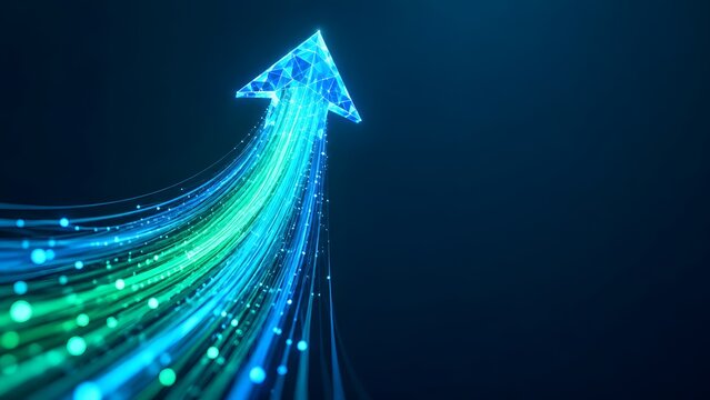 Ascending arrow constructed from luminous fiber optic strands illustrating exponential growth in network bandwidth and connectivity