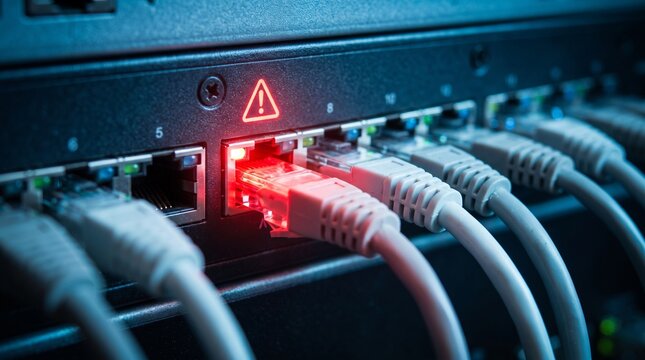 Network switch with ethernet cables connected and one port showing red warning light error