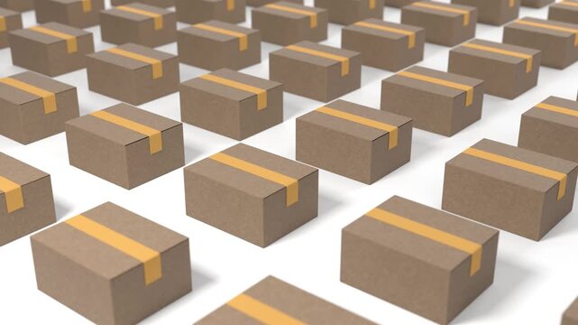 Parcel boxes arranged in rows at warehouse ready for delivery shipping and distribution to customers, supply chain logistics