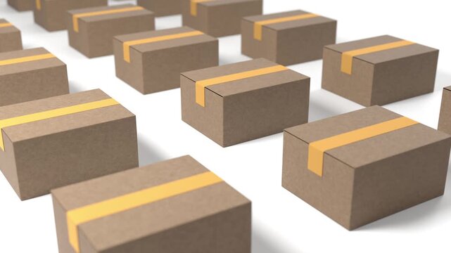 Parcel boxes arranged in rows at warehouse ready for delivery shipping and distribution to customers, supply chain logistics