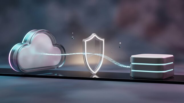 Data protection concept featuring digital shield with integrated padlock icon safeguarding data stream between cloud interface and server storage node in a technological environment