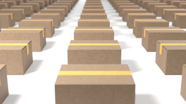 Parcel boxes arranged in rows at warehouse ready for delivery shipping and distribution to customers, supply chain logistics