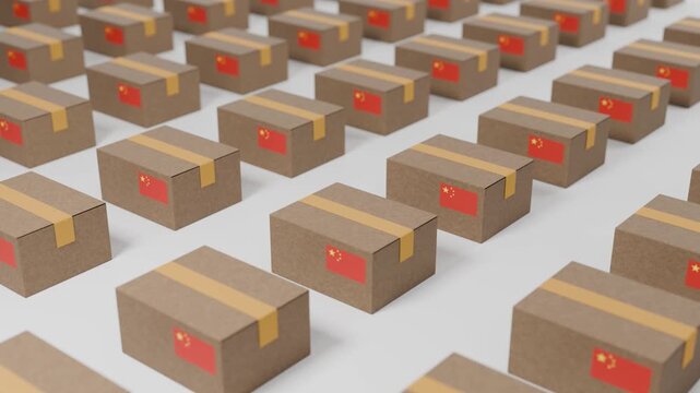 Chinese mass production parcel boxes arranged in rows at warehouse ready for delivery shipping and distribution, supply chain logistics export transport, storage inventory