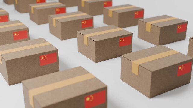Chinese mass production parcel boxes arranged in rows at warehouse ready for delivery shipping and distribution, supply chain logistics export transport, storage inventory