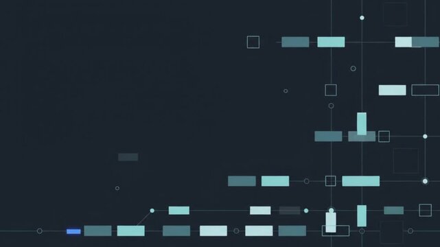 A dark digital background with cyan rectangles, outlined squares, thin connecting lines, and small circles perfect for modern technology interfaces.