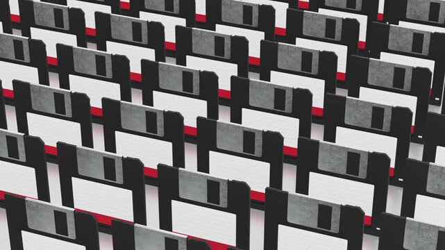 Floppy disk rows arranged in retro vintage storage collection of old computer hardware media, classic technology data memory software record electronic
