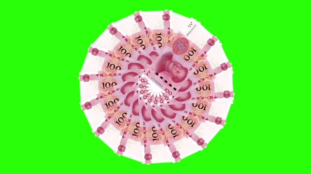 Chinese yuan banknotes rotating in circular pattern against green screen