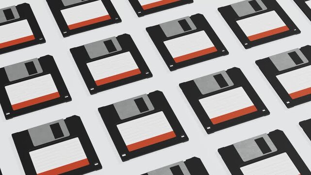 Floppy disk rows arranged in retro vintage storage collection of old computer hardware media, classic technology data memory software record electronic