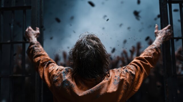 This striking image depicts a person emerging from prison gates, arms wide open, facing a crowd in a dramatic scene that conveys a powerful sense of freedom and despair.
