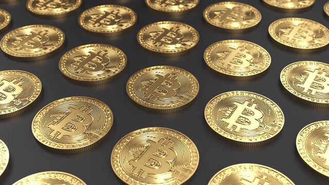 Many bitcoin coins arranged in rows as digital crypto currency asset and store of value, financial market trading investment wealth exchange fund, blockchain