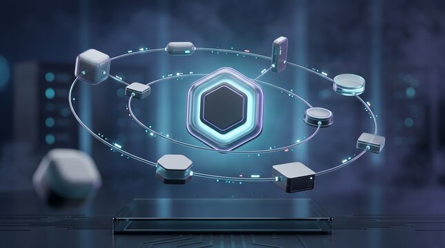 Hexagonal data hub with orbiting nodes and glowing connectivity lines in modern data center environment for decentralized networks and advanced information processing technology concepts