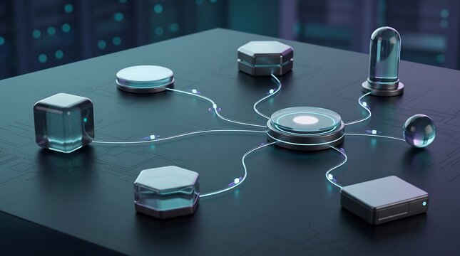 Central data processing hub with connected digital nodes and glowing fiber optic lines on dark platform for internet connectivity and smart network infrastructure technology concepts