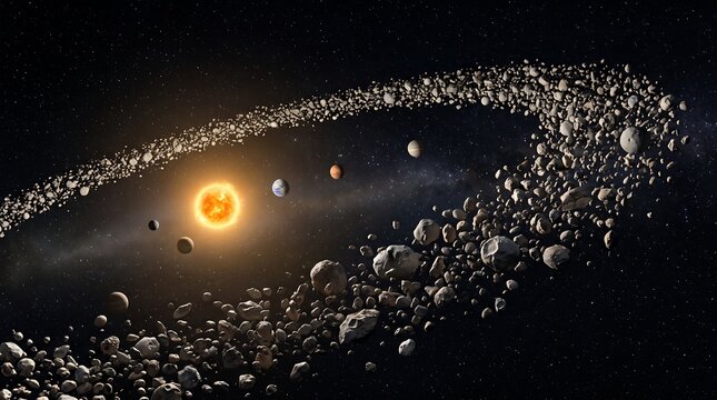 Stunning illustration of an astroid belt in space surrounding the sun and planets in the solar system