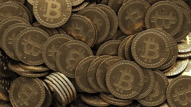 Many bitcoin coins drooping randoms black background, digital cryptocurrency asset and store of value, financial market trading investment wealth exchange fund, blockchain