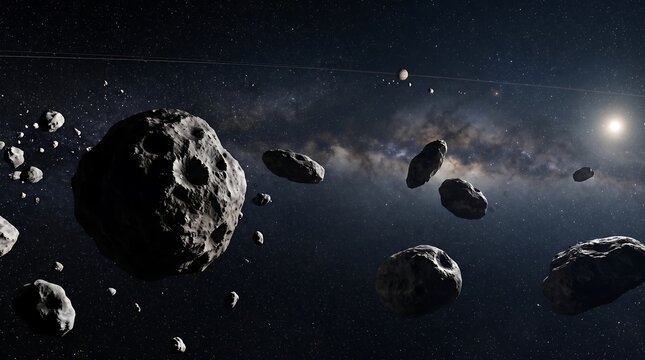 A stunning visual depiction of the astroid belt featuring rocky asteroids drifting through deep space