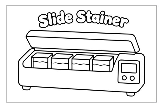 Slide stainer laboratory equipment coloring page for children featuring scientific instruments and outline drawing style