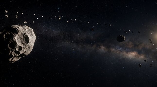 A stunning conceptual view of a massive astroid belt with orbiting space rocks and meteoroids in the galaxy