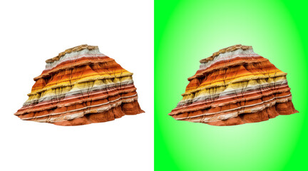 Eroded sandstone rock formation with colorful layered strata isolated on a white background © SHAKIB