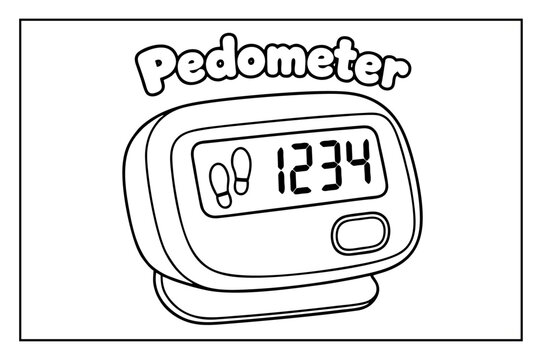 Pedometer coloring page for children featuring digital step counter device with text illustration