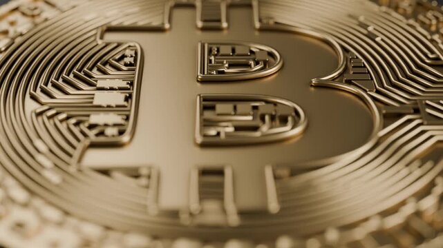 Bitcoin macro shot closeup on coins arranged and camera dolly, as digital crypto currency asset and store of value, financial market investment wealth exchange fund, blockchain