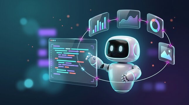 Futuristic robot working with digital data analytics and software coding interface in a high tech virtual environment for advanced artificial intelligence research development