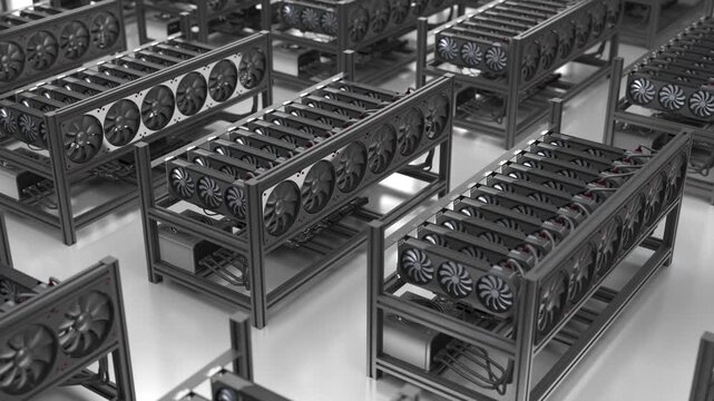 Crypto mining many rigs with gpu server rack and cooling fans in warehouse factory facility, blockchain hardware infrastructure technology processing