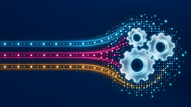 Luminous gear wheels integrated with flowing data streams representing digital transformation algorithm processing and automated system optimization