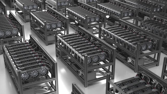 Crypto mining many rigs with gpu server rack and cooling fans in warehouse factory facility, blockchain hardware infrastructure technology processing