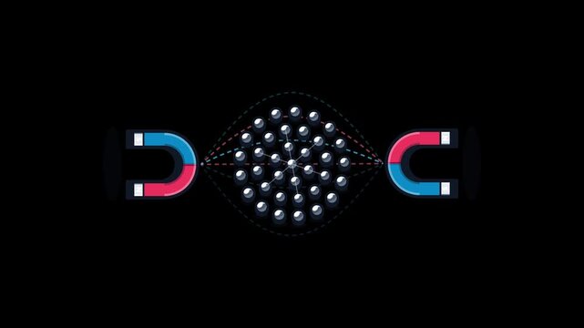 Magnetic field attraction physics concept with horseshoe magnets pulling metal particles on black background