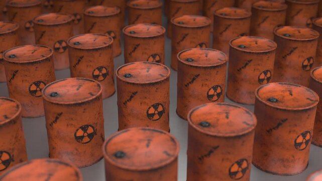 Nuclear waste barrels in rows showing industrial pollution and contamination danger storage, radiation risk energy chemical