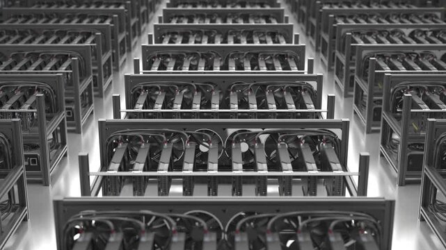 Crypto mining many rigs with gpu server rack and cooling fans in warehouse factory facility, blockchain hardware infrastructure technology processing