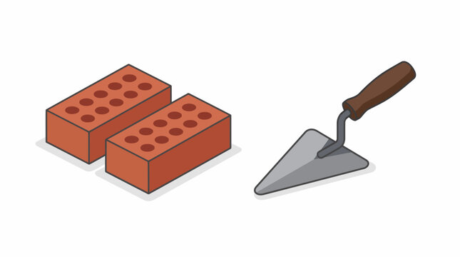 Masonry tools featuring two perforated red bricks and a metal trowel construction building material equipment renovation contractor rectangular textured isolated background