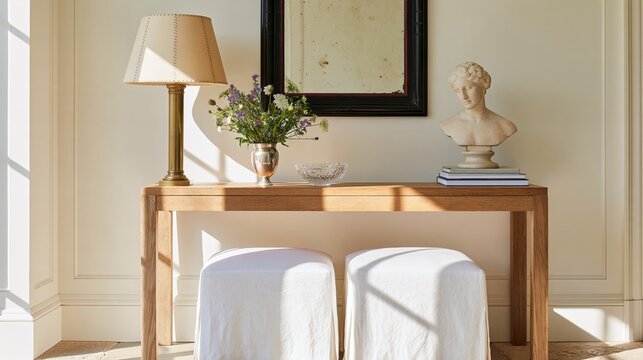 Oak console table with brass column lamp, floral arrangement, framed artwork and classical bust above two white stools in a sunlit interior