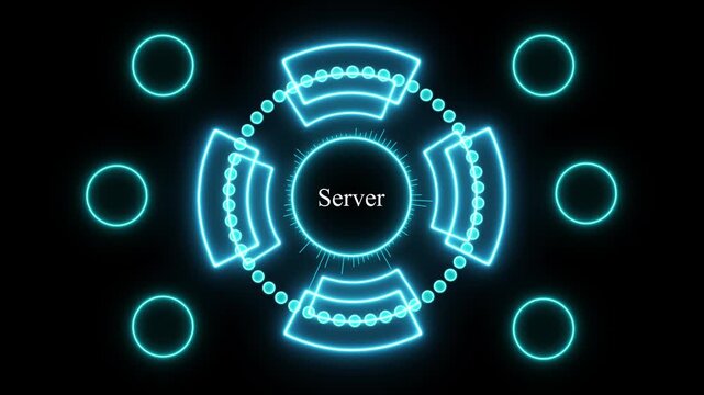 Digital server network hud interface with glowing neon icons for cloud computing and cybersecurity technology concepts