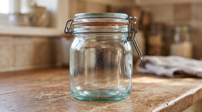 A clear glass preserving jar with a metal clasp closure, perfect for storing food items or kitchen organization