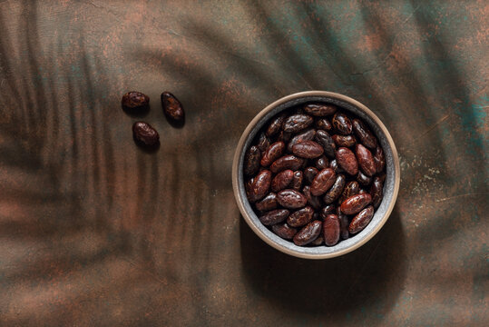 Cocoa beans in a bowl on a dark rustic background in sunlight with palm leaf shadows, top view, copy space.