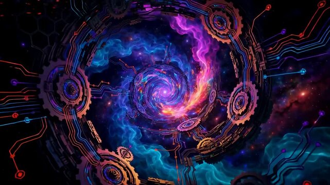 Sci-Fi Time Travel Portal Motion Background With Rotating Mechanical Gears And Glowing Cosmic Nebula Vortex