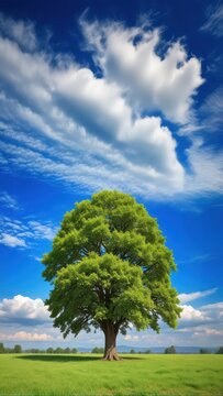 A majestic horsechestnut tree stands alone against a brilliant blue sky with wispy clouds drifting lazily by
