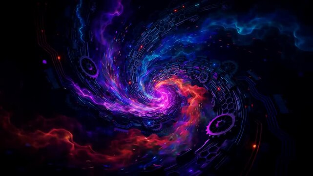 Sci-Fi Cosmic Wormhole Time Travel Motion Background With Swirling Energy Vortex And Rotating Mechanical Gears